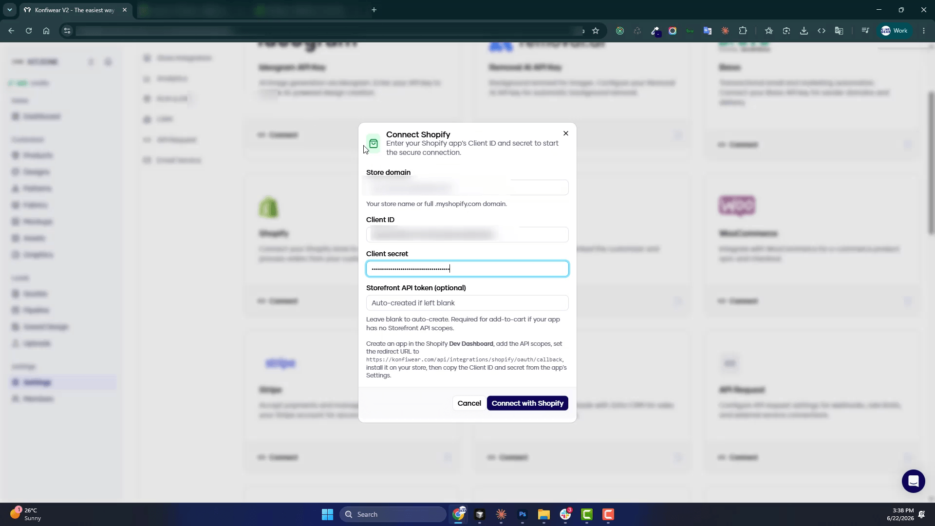 Konfiwear Settings Integrations page with Shopify connect dialog showing store domain and credential fields